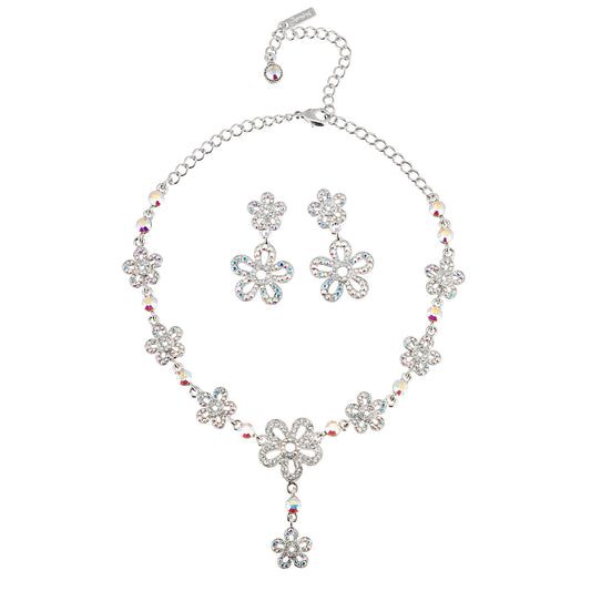 AB Crystal Jewellery Set - Necklace and Earrings of Summer Flowers, AB & Clear Swarovski Crystals