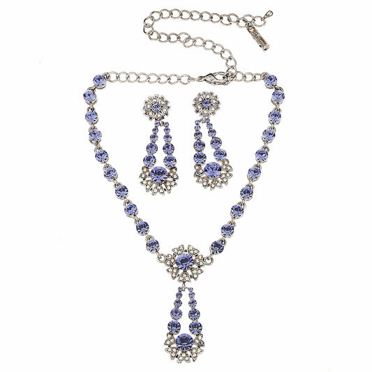 Blue Crystal Flower Pendant Drop Necklace and Earrings Set, Blue Swarovski Crystals