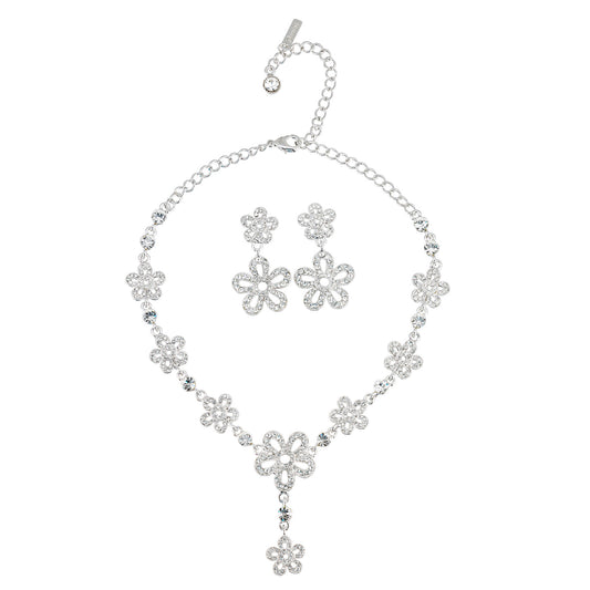 Clear Crystal Jewellery Set - Necklace and Earrings of Summer Flowers, Clear Swarovski Crystals