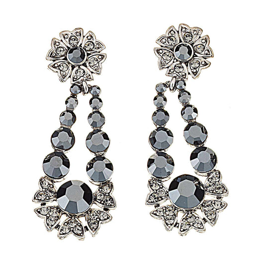 Black Crystal Flower Pendant Drop Necklace and Earrings Set, Black Swarovski Crystals